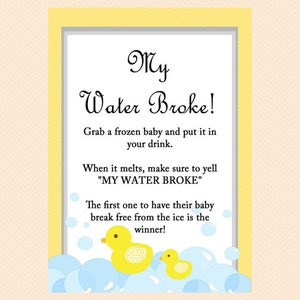 My water Broke Game Sign, Frozen baby game, ice cube game, Rubber Duck Baby Shower Game Printables, Gender Neutral Games, Yellow, TLC35 image 1