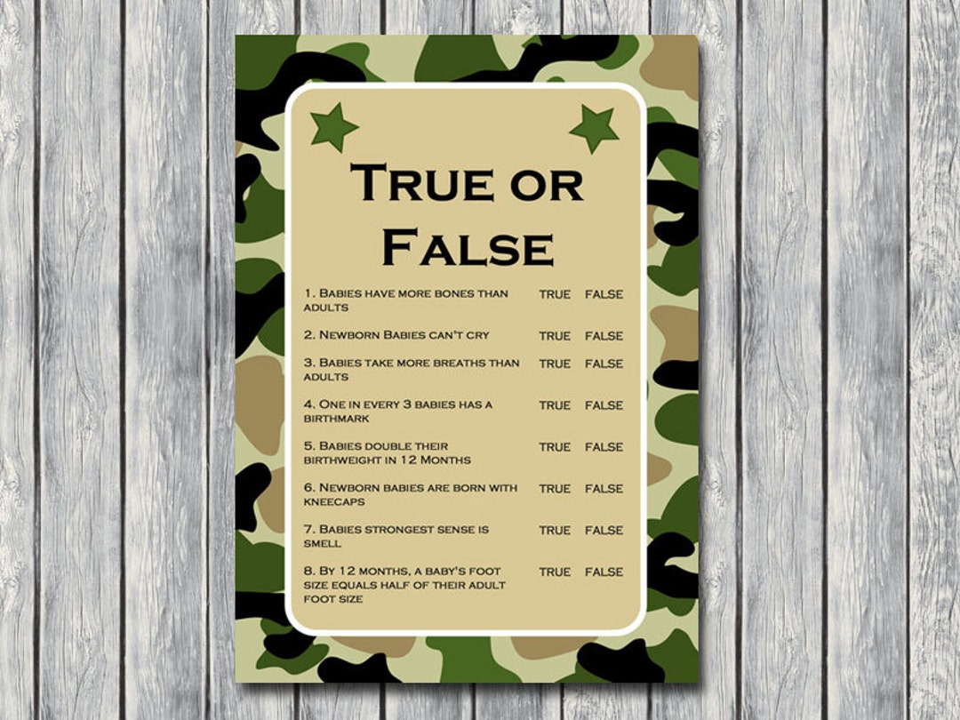 Verdadero o falso, cuestionario de baby shower, cuestionario de bebé,  descarga del juego Camo baby shower, Imprimibles de juegos Camo Baby  Shower, ..., image size:1080x810