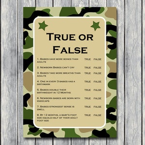 True or false, baby shower quiz, baby quiz, Camo baby shower game download, Camo Baby Shower Games Printables, Army, Military TLC70