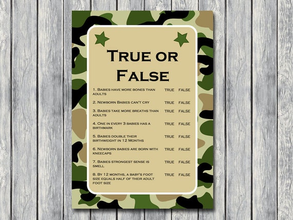 True or false baby shower quiz baby quiz Camo baby shower 