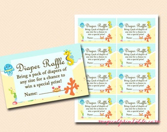 May include: A set of eight printable diaper raffle tickets with a seahorse, jellyfish, and coral theme. The tickets have a light blue and yellow background with the text "Diaper Raffle" and "Bring a pack of diapers of any size for a chance to win a special prize!"  The tickets also have a line for the guest's name.