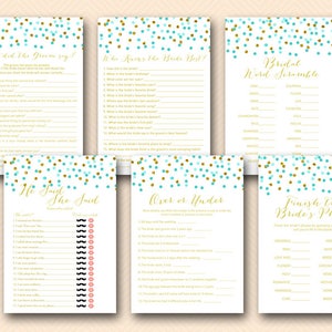 Robin egg blue and Gold Bachelorette games, Bridal Shower Games Package, who knows bride, over or under, what did groom say BS534