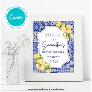 Editable Blue Tiles and Lemons Welcome Sign, Lemon Wedding, Lemon Birthday, Lemons Baby Shower Sign, Citrus baby shower decor, TLC745 canva
