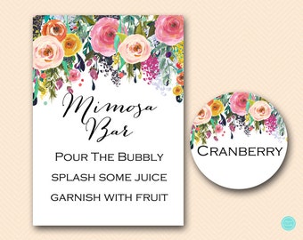 mimosa bar sign with flavor tags, bubbly sign, Printable Bridal Shower Sign, Wedding Sign Printable, Floral Bridal Shower BS138 SN34 TLC140