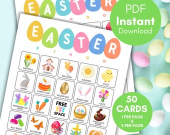 Easter Bingo, 50 Printable Easter bingo, Easter Party Game for Kids Adults, Family Easter games, bs701 7