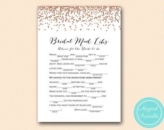 bridal mad libs printable, advice for bride, vows version, Rose Gold Confetti Bridal Shower, Bachelorette, Wedding Shower BS155