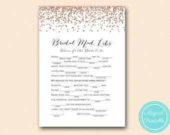 bridal mad libs printable, advice for bride, vows version, Rose Gold Confetti Bridal Shower, Bachelorette, Wedding Shower BS155
