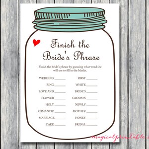 Finish Bride's Phrase, Finish the Phrase Game, Mason Jars Bridal Shower ...