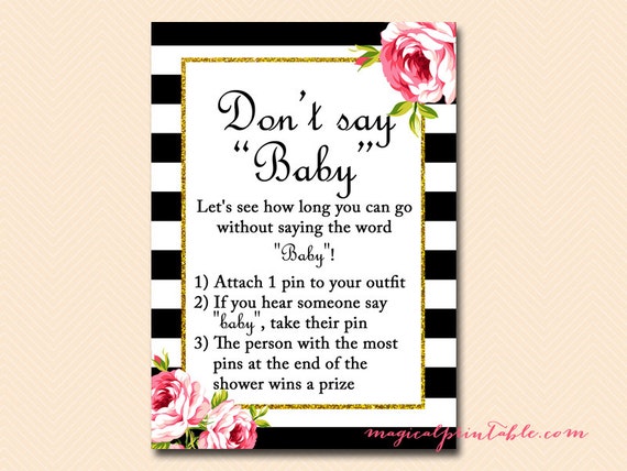 Don't Say BABY Sign, Diaper Pin Game, Don't say a word, Gold Glitter, Chic, Black and White Stripes, Baby Shower TLC04 Il_570xn