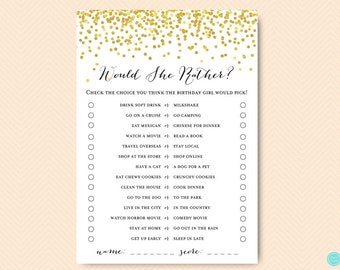 Gold Girl Birthday Party Games, Would she rather, Who knows the Birthday Girl Best, How well do you know the birthday girl, Download BP46