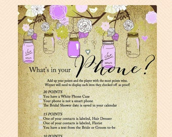 What's in your phone, phone game, cellphone game, Rustic, Purple Mason Jars Bridal Shower Printables, Bachelorette, Wedding Shower Game BS49