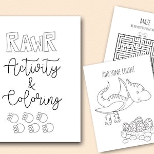 Dinosaur Coloring and Activities book Pages, Instant Download File, Kids Fun Book, Dinosaur Birthday Party Gift, Mermaid Coloring Book BP606 image 1