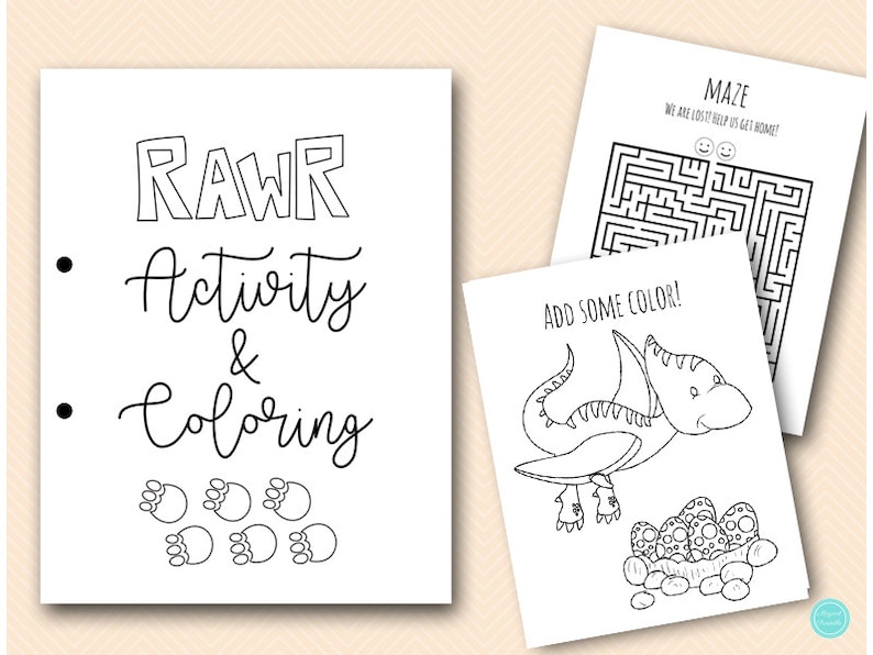 Dinosaur Coloring and Activities book Pages, Instant Download File, Kids Fun Book, Dinosaur Birthday Party Gift, Mermaid Coloring Book BP606 image 1