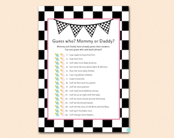 Guess Who, Mommy or Daddy Game, Printable Baby Shower Game, Who knows Mommy and Daddy Best, Pink Racing Baby Shower, Car Race Baby TLC113p