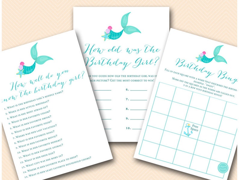 Puede incluir: Tres tarjetas de juego imprimibles para una fiesta de cumplea&ntilde;os con tem&aacute;tica de sirena. La primera tarjeta es un juego de "&iquest;Qu&eacute; tan bien conoces a la cumplea&ntilde;era?" con 15 preguntas. La segunda tarjeta es un juego de "&iquest;Qu&eacute; edad ten&iacute;a la cumplea&ntilde;era?" con 10 l&iacute;neas en blanco para adivinar la edad de la cumplea&ntilde;era. La tercera tarjeta es un juego de "Bingo de cumplea&ntilde;os" con una cuadr&iacute;cula de 5x5 y un espacio libre en el centro.