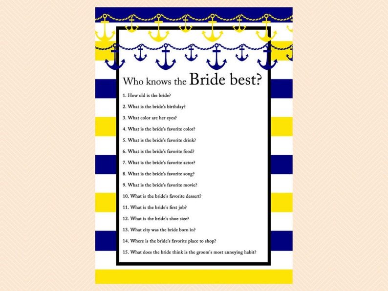 Navy Blue, Yellow, Nautical Bridal Shower, Beach, Bridal Shower Games, Wedding Shower Games, Anchor, Beach Bridal Shower, Modern BS37 image 5