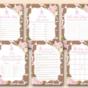 Pink Giraffe Baby Shower Game Pack of 6, Instant Download, Pink Safari baby shower, baby bingo, giraffe wishes for baby, scramble, TLC563