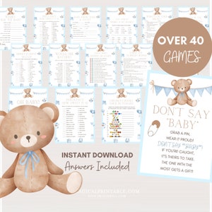 SALE! Over 40 Baby Shower Games Bundle, Printable Blue Teddy Bear Baby Shower Games, Teddy Baby Shower Package, Instant Download, TLC709