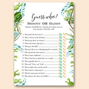 Succulent Mommy or Daddy Game, Guess who baby shower game, Printable Baby Shower Games, Who knows Mommy and Daddy Best, cactus TLC519