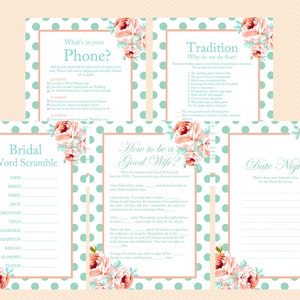 Mint and Peach Bridal Shower Games, Mint and Coral, Floral, Unique Bridal Shower Games, Bachelorette Games, Wedding Shower Games BS33