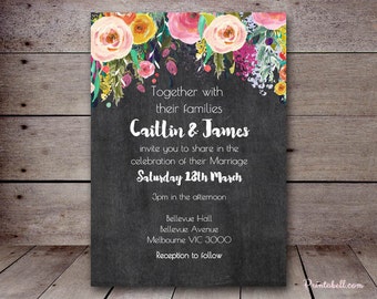 DIY Floral Chalkboard Custom Wedding Invitation, Bridal Shower Invitation, Birthday Party Invitations, printabell BS138 SN34 TLC140