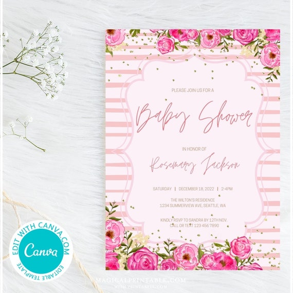 Editable Pink Floral Invitation, Pink Peonies Bridal Shower Invitation, Pink and Gold Baby Shower invitation, First Birthday TLC700 Z canva Il_570xn