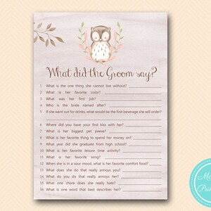 What did the Groom Say, What did he say about her, The Newlywed Game, Woodland Bridal Shower Game, Owl Bridal Shower, Wedding Shower BS401