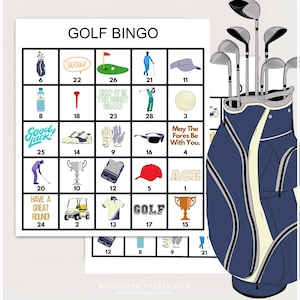 100 tarjetas de bingo de golf, bingo imprimible de cumpleaños de golf, juego de fiesta de golf de cumpleaños, juegos de cumpleaños de golf, baby shower con temática de golf, bs701