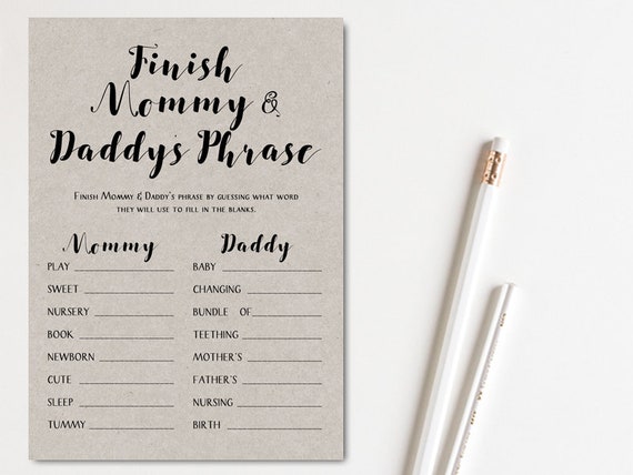 Finish Mommy and Daddys Phrase, Finish the phrase, grey modern baby shower, grey baby shower game, modern mommy, TLC596G Il_570xn