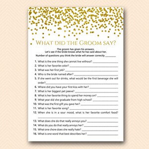 Gold Glam Bridal Shower Games, What did the Groom Say, What did he say about her, Newlywed Game, Bridal Shower Game, Games Download BS281