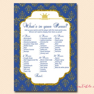 What&#39;s in your purse baby shower game printable, Prince Baby Boy, Royal Prince Baby Shower Games Printable, Baby Shower TLC109