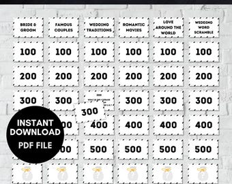 May include: A printable bridal shower game board with the title "Bridal Shower Jeopardy". The game board is divided into six categories: Bride & Groom, Famous Couples, Wedding Traditions, Romantic Movies, Love Around the World, and Wedding Word Scramble. Each category has six squares with point values of 100, 200, 300, 400, and 500. The game board is designed to look like a traditional Jeopardy game board.