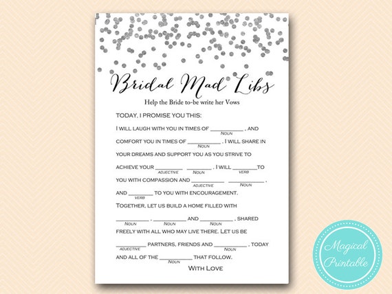 Silver Bridal Mad Libs Help Bride Write Her Vows Silver Foil Bridal 