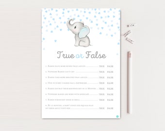 True or false baby shower game, Baby Trivia, Baby Facts, Boy elephant baby shower, Gray and Blue Elephant Baby Shower, Little peanut TLC689