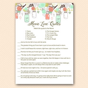 movie quote, famous love quote, movie quiz, movie quote game, Mint and Coral Mason Jars Bridal Shower Game Printable, Wedding Shower BS64