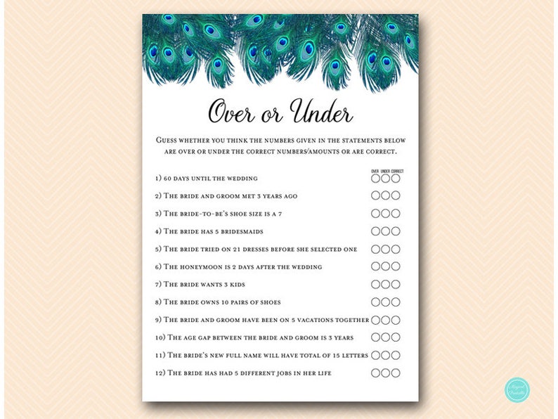 Peacock Bridal Shower Games Package Deal, Download, porn or polish, would they rather, love quote match, movie quote, over or under, BS555 image 5