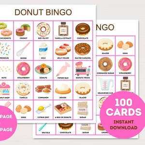 Tarjetas de bingo de donas, 100 bingo de donas imprimibles, actividad de fiesta de donas, juego de fiesta de donas, juego de cumpleaños de donas, tarjetas de bingo con temática de donas, bs701