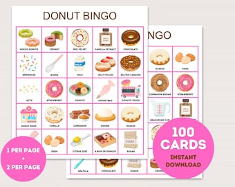 Donut Bingo Cards, 100 Printable Donut bingo, Donut Party Activity, Donut Party Game, Donut Birthday Game, Donut themed bingo cards, bs701