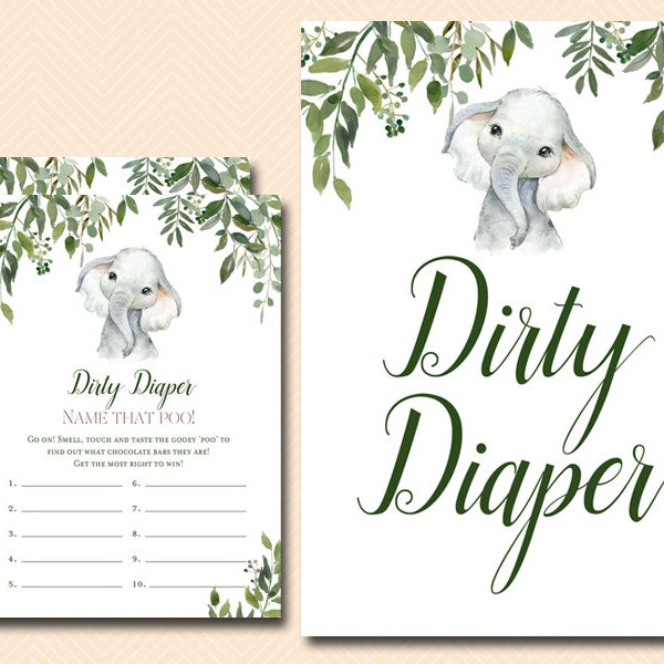 Elephant Dirty Diaper Game, Dirty Diaper, Guess the Sweet Mess, Baby Shower Candy Bar, Greenery elephant baby shower game, TLC663