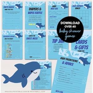 Paket med haj-babyshowerspel, babyshower med hajtema, haj-babyshower, mall för babyshowerspel under havet, TLC772