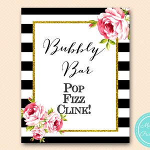 Bubbly Bar Sign, Mimosa Bar Sign Printable, Mimosa Sign, Instruction Sign, signage, Black and White Stripes, Floral, Chic, SN03 BS10 SN26