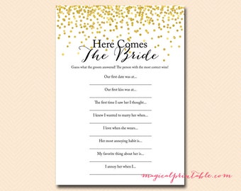 Here Comes the bride game, bride quiz, bridal shower game download, Gold Confetti Bridal Shower, Bachelorette, Wedding Shower BS46