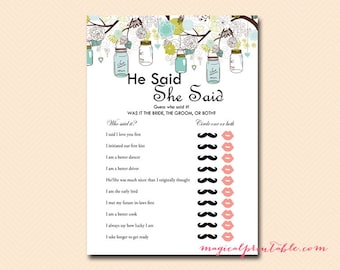 He said she said, who said it first, Mason Jars Bridal Shower Game printables, Rustic Bridal Shower Games, Wedding Shower BS40