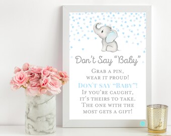 Don't say BABY Sign, Boy elephant baby shower, Gray and Blue Elephant Baby Shower Game, Little peanut is on the way, Blue Elephant, TLC689