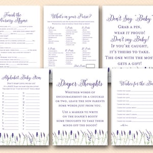 Lavender Baby Shower Games Pack, download, diaper thoughts, don&#39;t say baby, abc baby item race, wishes baby, lavender flower TLC545