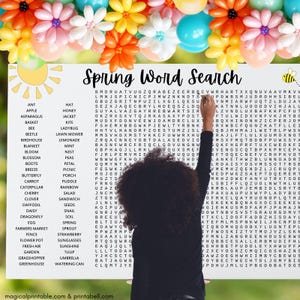May include: A colorful spring-themed word search puzzle with words like "butterfly," "daisy," and "sunshine." The image is filled with vibrant flowers and balloons, creating a cheerful and engaging activity for all ages.