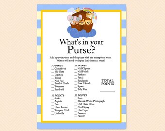 what's in your purse, purse game, what's in your bag, Noah's Ark Baby Shower Games Printables, Animals, Noah's Ark, Twins Baby Shower TLC60