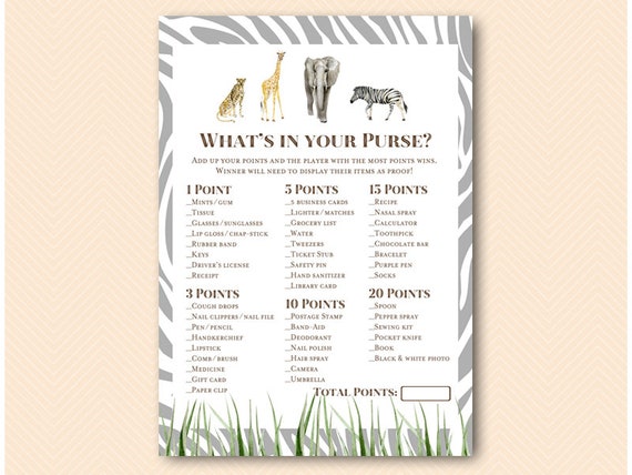 african wild bridal shower games bridal shower whats in your purse game purse raid purse hunt game african wild baby shower game tlc674 by magical printable catch my party
