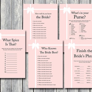 Sweet Pink Bridal Shower Game Printables, Bachelorette Games, Wedding Shower Games, Pastel Pink, Ribbon, Girly bridal shower games,  BS72