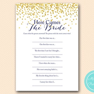 Here comes the bride game, who knows groom best, Blue bridal shower, Navy blue and Gold Confetti Bridal Shower, Wedding Shower Games BS156